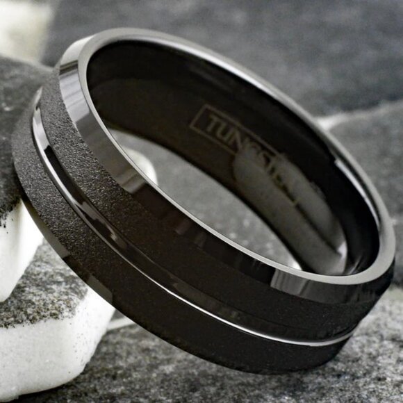 BRILLIANT POLISHED BLACK TUNGSTEN SPARKLING SAND BLAST, RECESSED POLISHED GROOVE - Picture 5 of 5